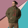Man wearing an olive green hoodie with red text, standing against a colorful geometric background.