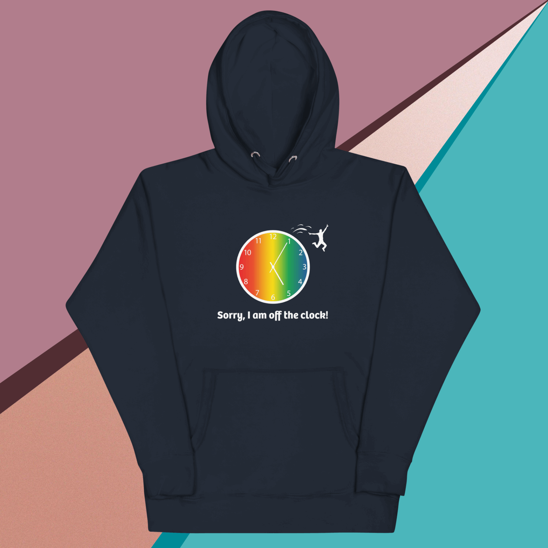 Black hoodie with a colorful circular design and text.