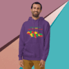 Man wearing a purple hoodie with a colorful Africa map design.
