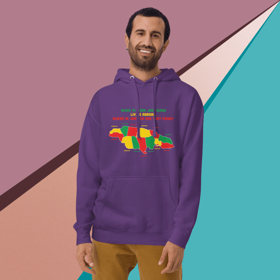 Man wearing a purple hoodie with a colorful Africa map design.