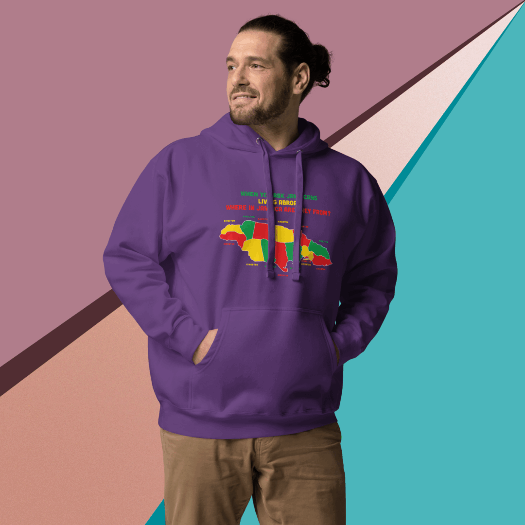 Man wearing a purple hoodie with colorful graphics against a geometric background.