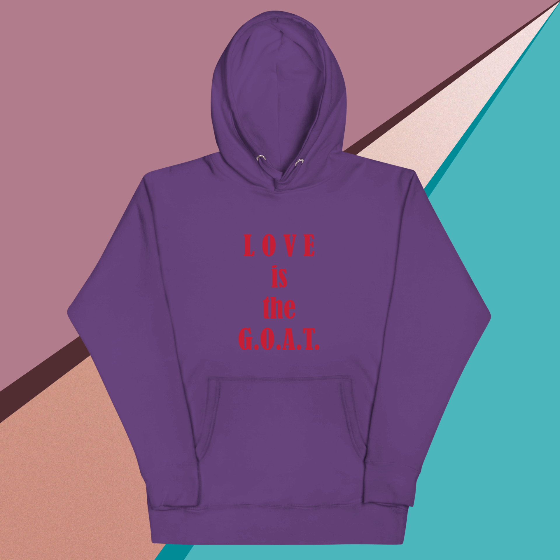 Purple hoodie with red text "LOVE is the G.O.A.T." on the front.