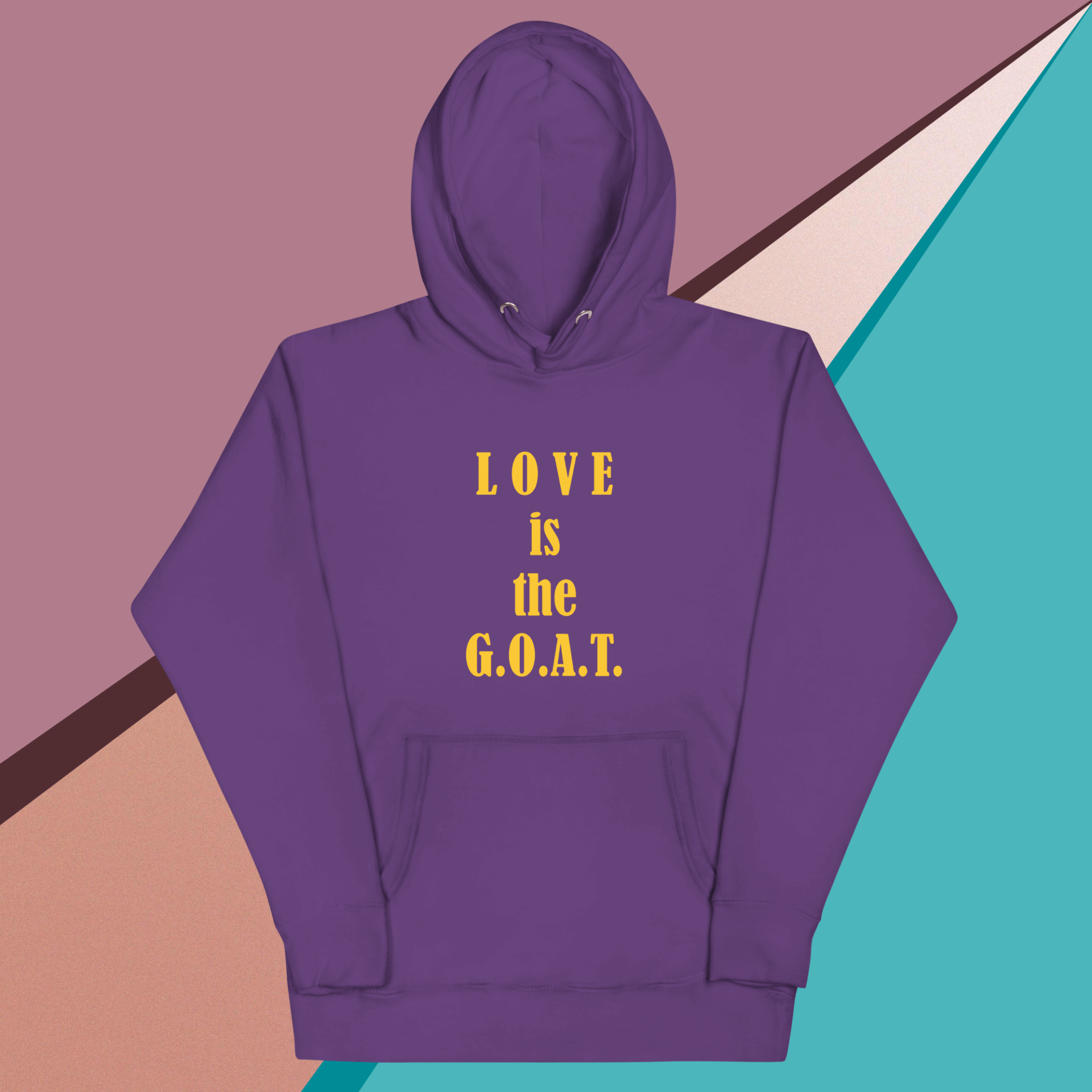 Purple hoodie with yellow text saying "LOVE is the G.O.A.T."
