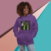Person wearing a purple hoodie with a colorful graphic design.