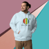cotton-heritage-m2580-i-unisex-premium-pullover-hoodie-sky-blue-front-68e32601455e1 Man wearing a white hoodie with a colorful pie chart design.