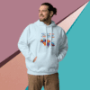 cotton-heritage-m2580-i-unisex-premium-pullover-hoodie-sky-blue-front-68f046729c218 Man wearing a light blue hoodie with colorful graphics and brown pants.