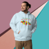 Man wearing a light blue hoodie with colorful continent map design.
