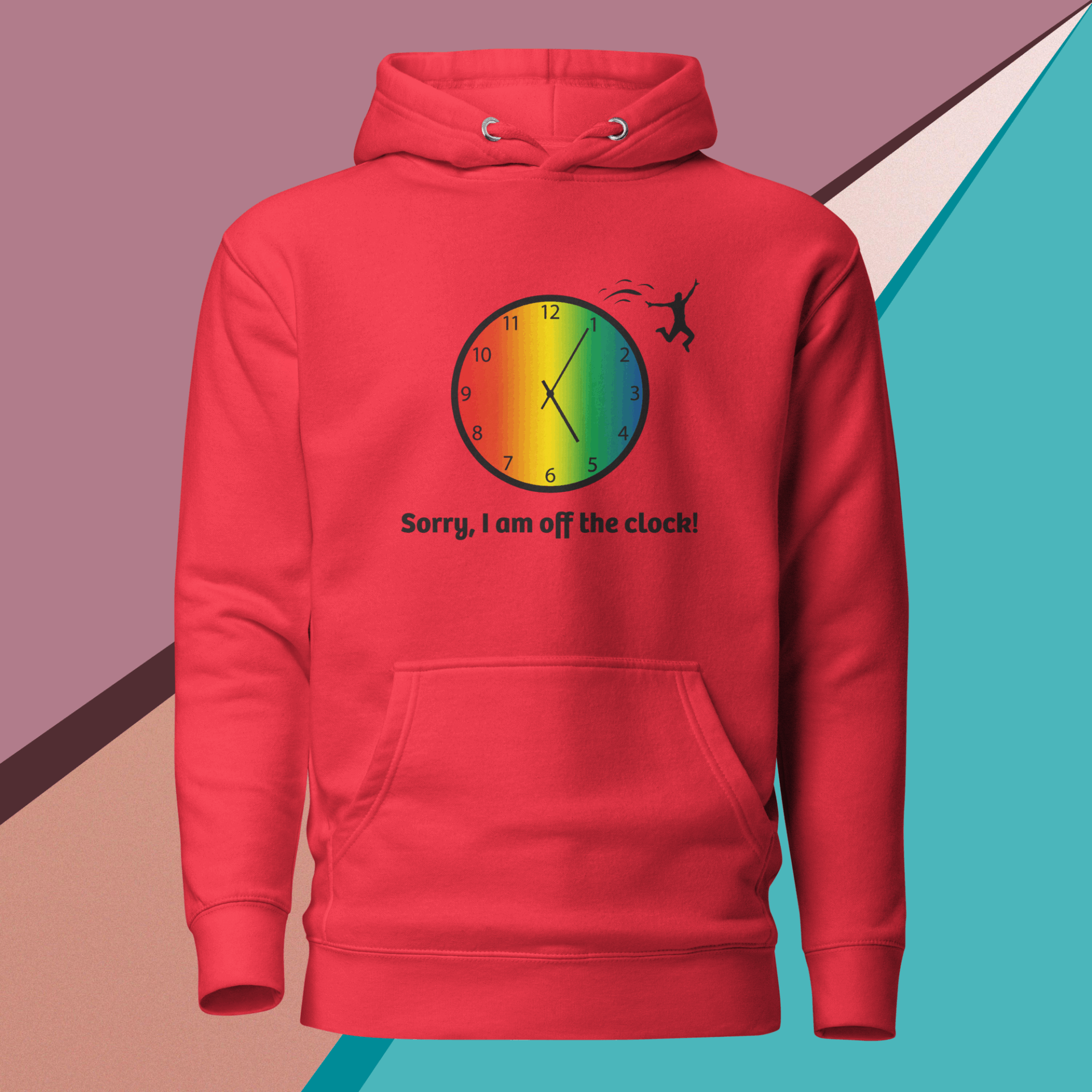 cotton-heritage-m2580-i-unisex-premium-pullover-hoodie-team-red-front-68e3245d4554d Red hoodie with a colorful clock and 'Sorry, I am off the clock!' text.