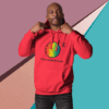 cotton-heritage-m2580-i-unisex-premium-pullover-hoodie-team-red-front-68e3264691981 Man in red hoodie with colorful logo and text, posing confidently.