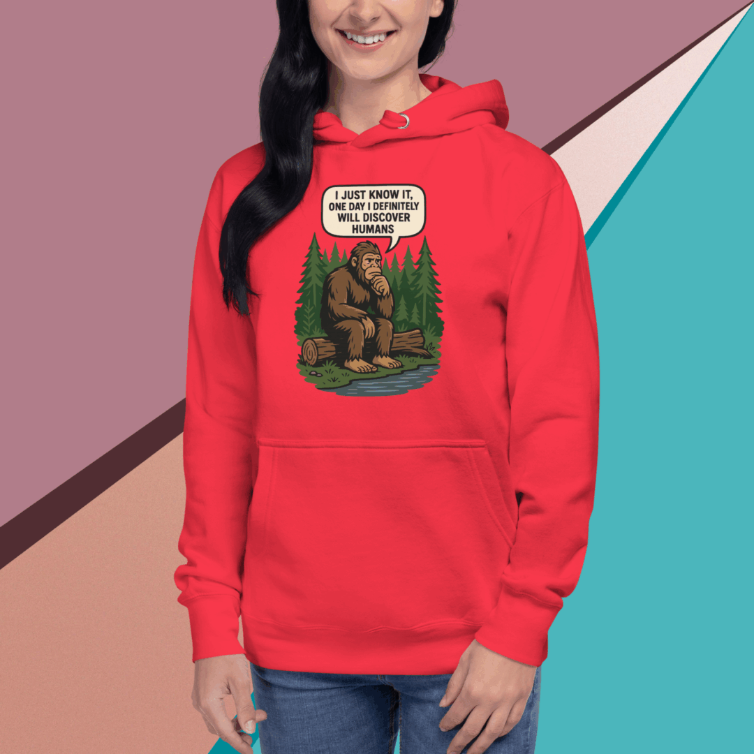 Red hoodie featuring Bigfoot saying he just wants to be left alone.