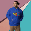 Man wearing a blue hoodie with colorful world map design.