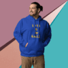Man wearing a blue hoodie with "Love is G.O.A.T." text.