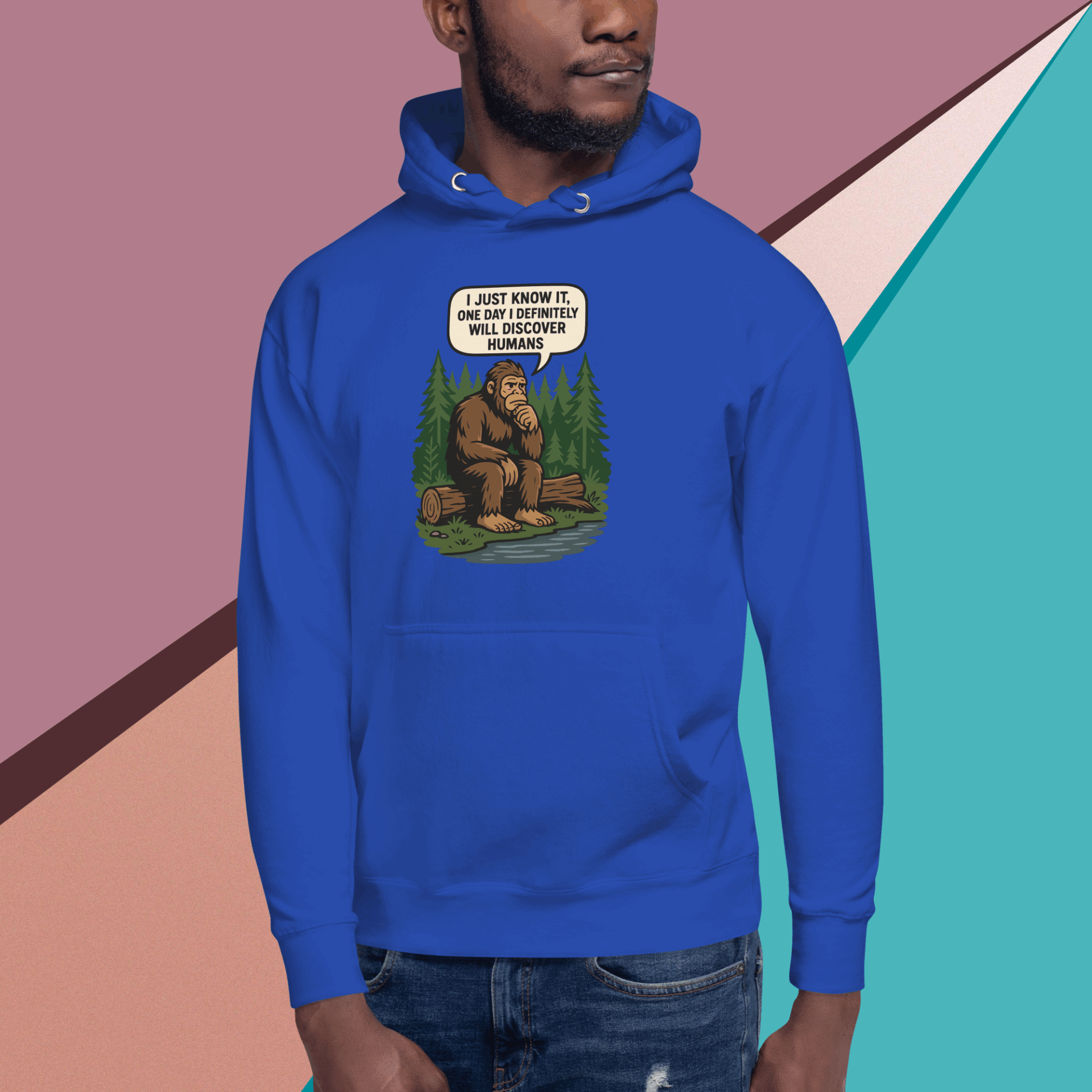 Blue hoodie with a humorous bear cartoon and text design.