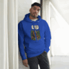 Man in a blue hoodie leaning against a white wall.