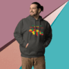 Man wearing a dark hoodie with a colorful Africa-themed design.