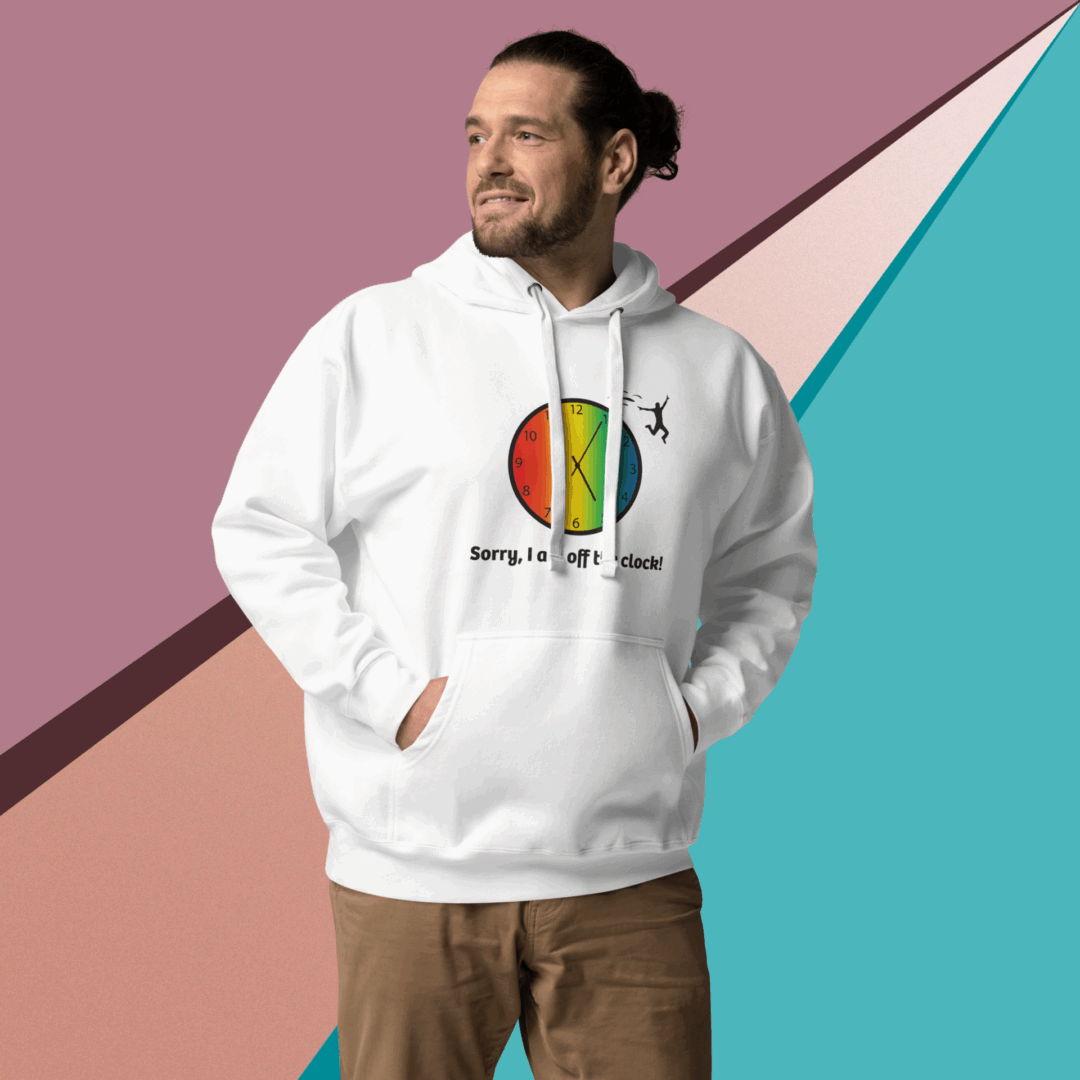 cotton-heritage-m2580-i-unisex-premium-pullover-hoodie-white-front-68e3260149d3b Man wearing a white hoodie with a colorful graphic design on a geometric background.