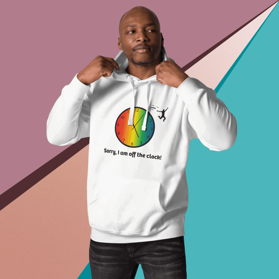 cotton-heritage-m2580-i-unisex-premium-pullover-hoodie-white-front-68e326468a8b9 Man wearing a white hoodie with a colorful clock design.