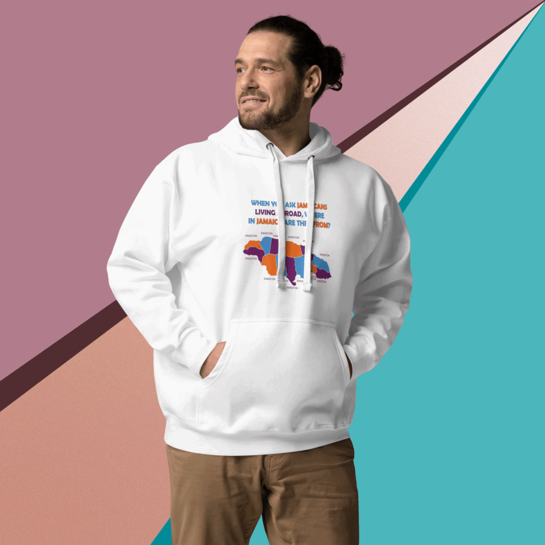 cotton-heritage-m2580-i-unisex-premium-pullover-hoodie-white-front-68f046729e7f5 Man in white hoodie with colorful text, standing against a geometric pastel background.