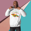 Man wearing a white hoodie with a colorful African continent design.