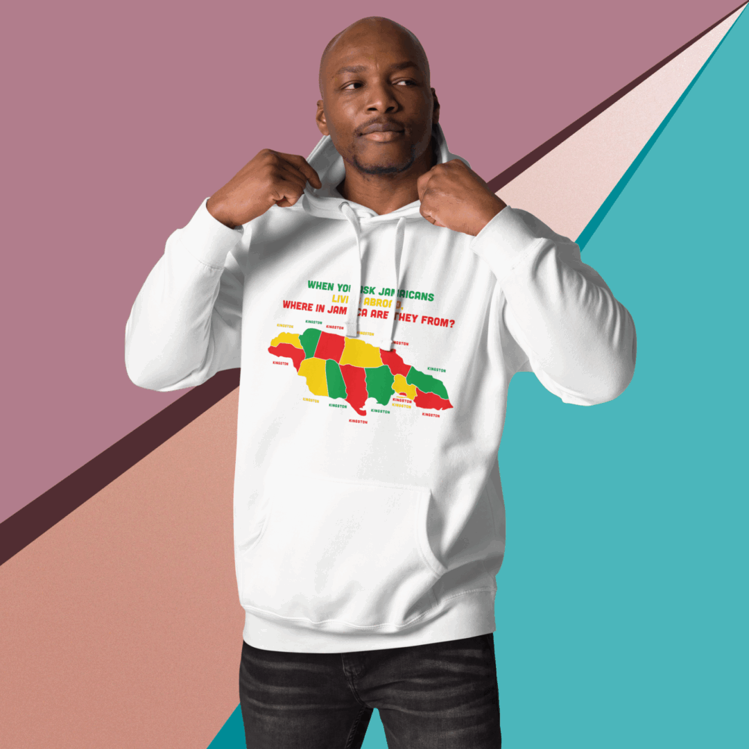 Man wearing a white hoodie with a colorful African continent design.