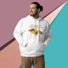 Man wearing a white hoodie with colorful text and graphics.