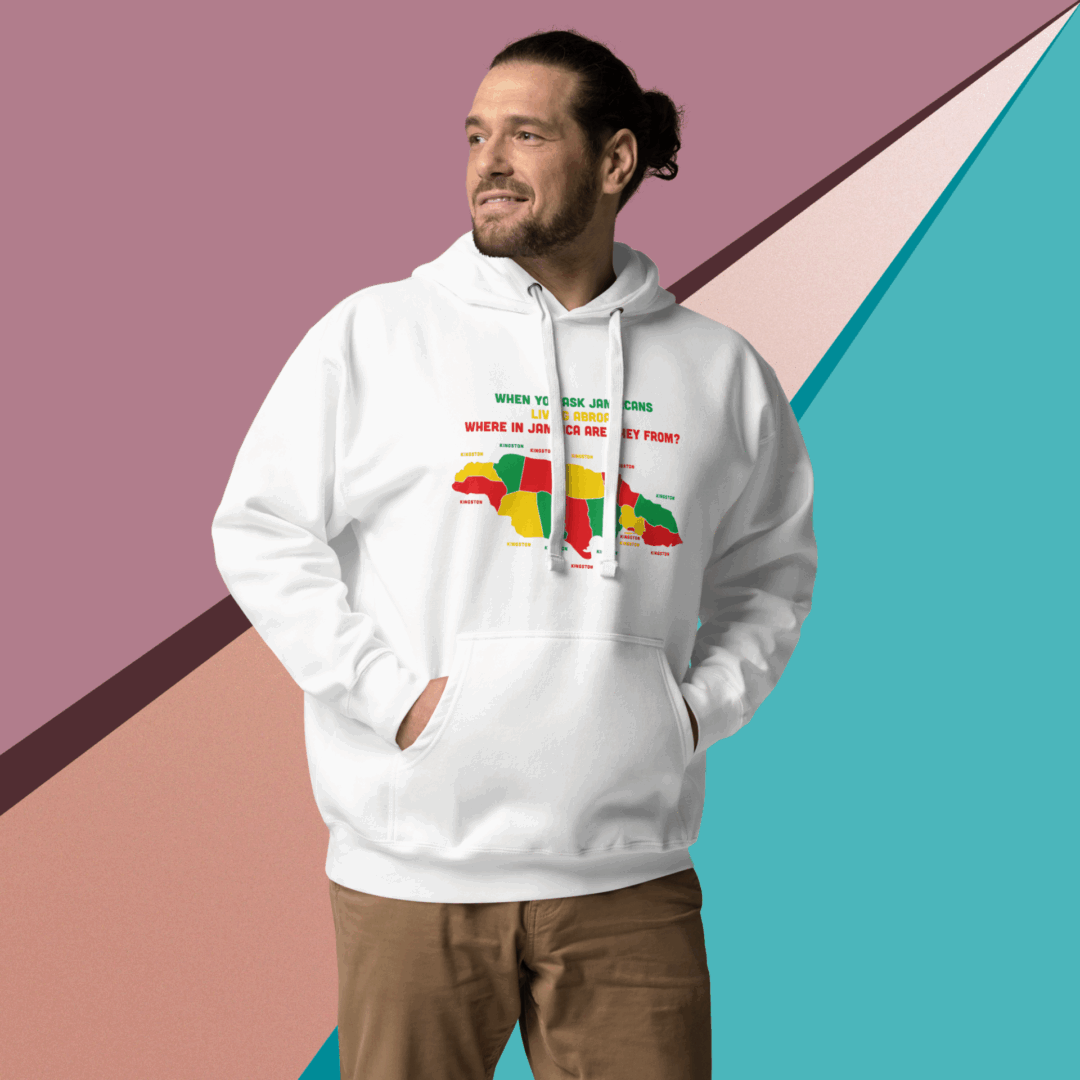 Man wearing a white hoodie with colorful text and graphics.