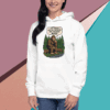 White hoodie with a Bigfoot cartoon and humorous text.