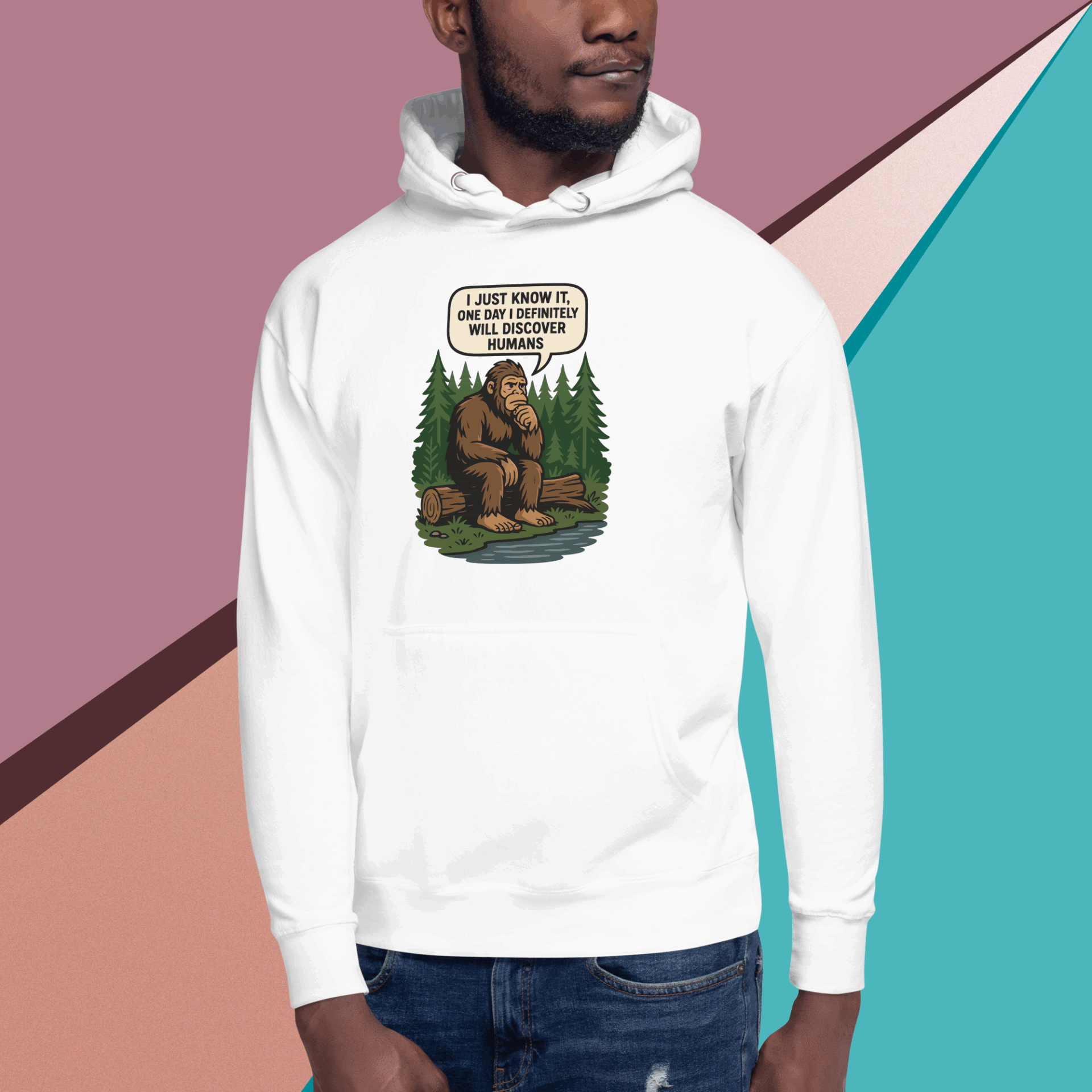 Man wearing a white hoodie with a humorous nature-themed graphic.