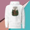 White hoodie featuring Bigfoot with a humorous text graphic.