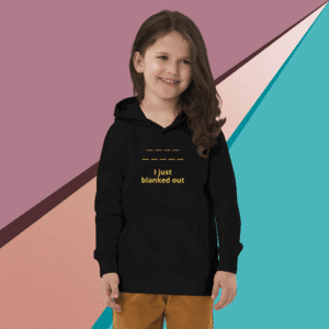 A young girl wearing a black hoodie with a positive message.
