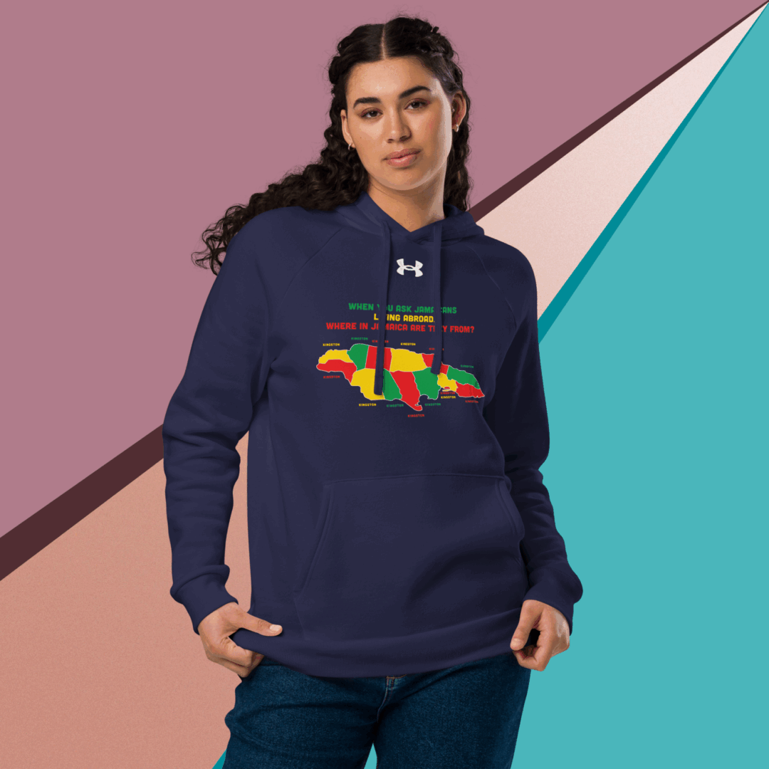 Woman wearing a navy hoodie with a colorful bird graphic on the front.