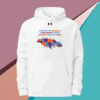 White hoodie with a colorful bear graphic and text design on the front.