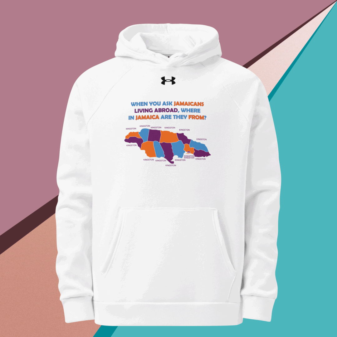 White hoodie with a colorful artistic design on the front.