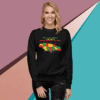Woman wearing a colorful bear graphic sweatshirt.