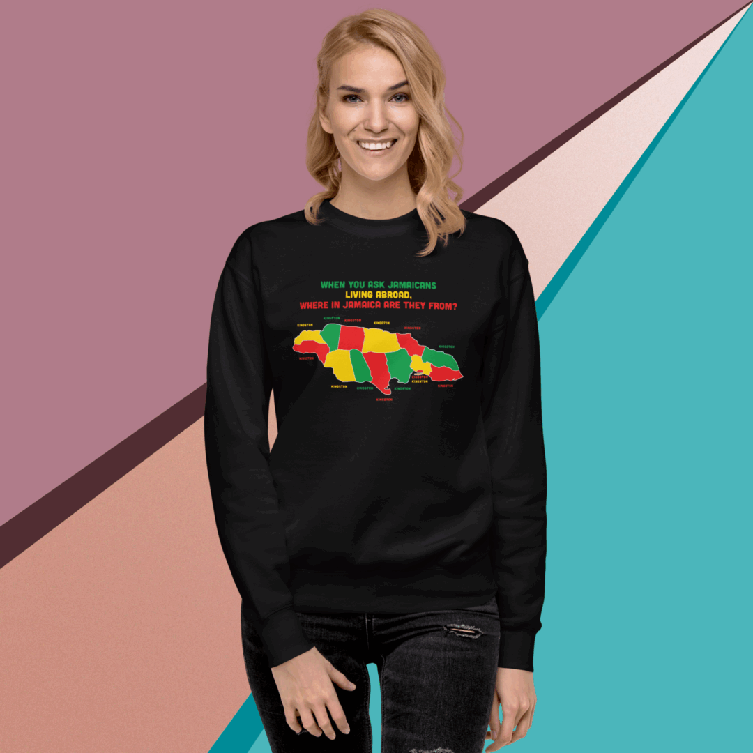 Woman wearing a colorful bear graphic sweatshirt.