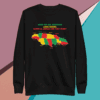 Black sweatshirt with colorful map design and text on the back.