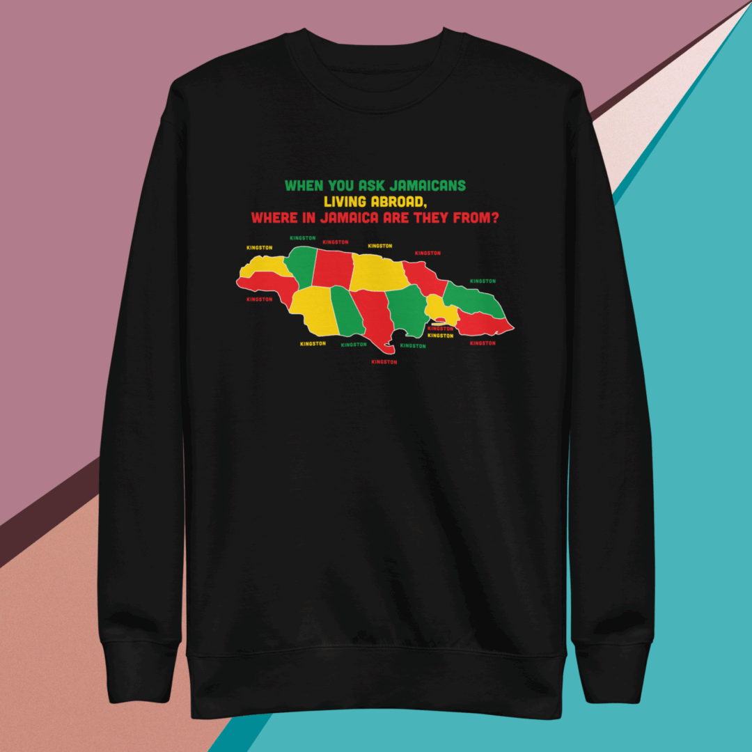 Black sweatshirt with colorful map design and text on the back.