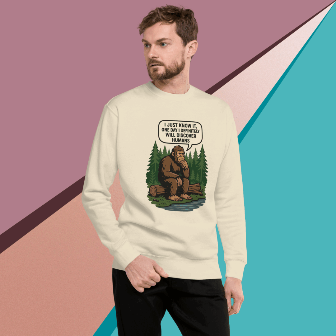 Man wearing a graphic sweatshirt featuring a bear and a humorous message.