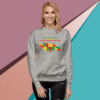 Woman wearing a colorful armadillo graphic sweatshirt.