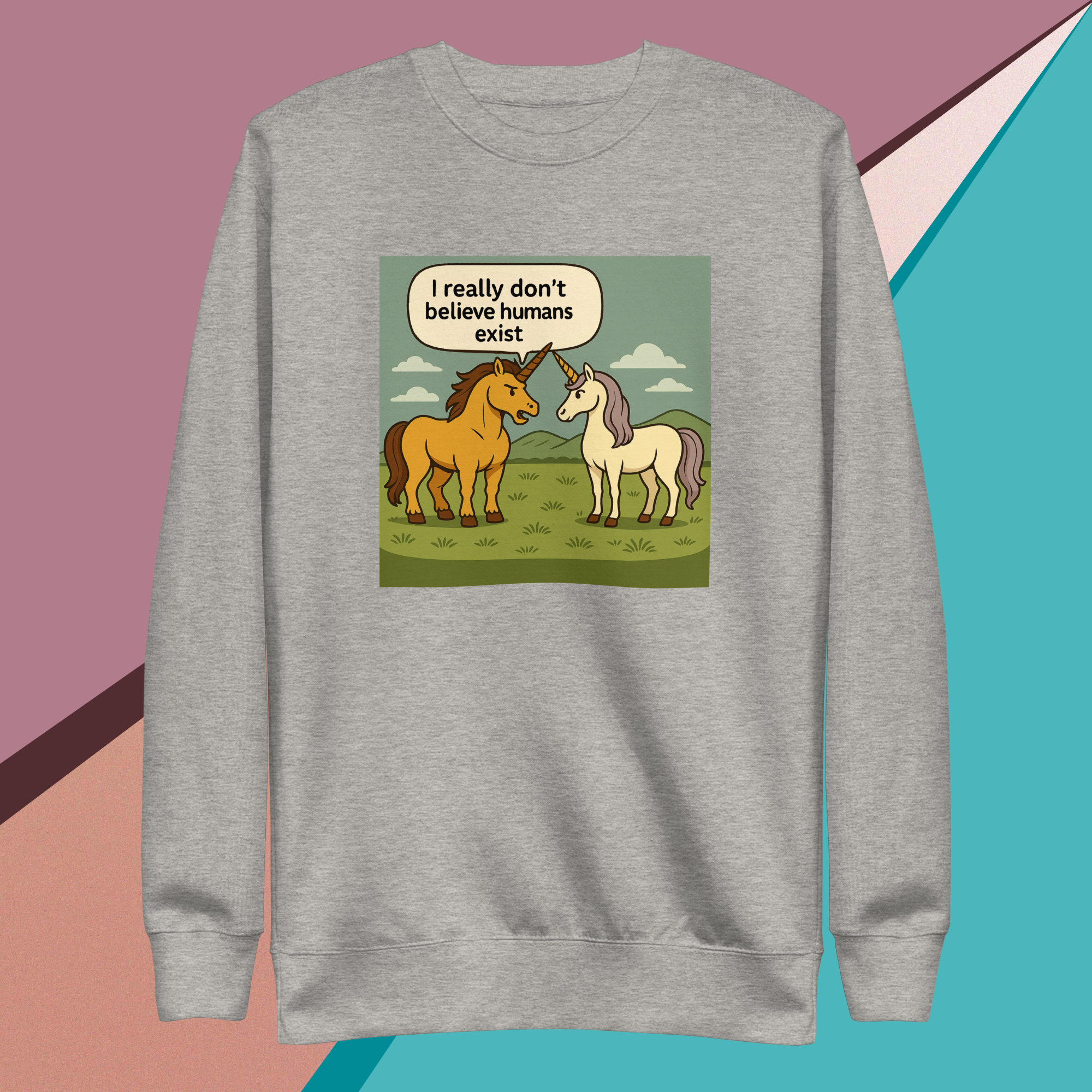 Two unicorns converse, one saying it doesn't believe humans exist.