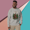 Man smiling, wearing a humorous Bigfoot sweatshirt.