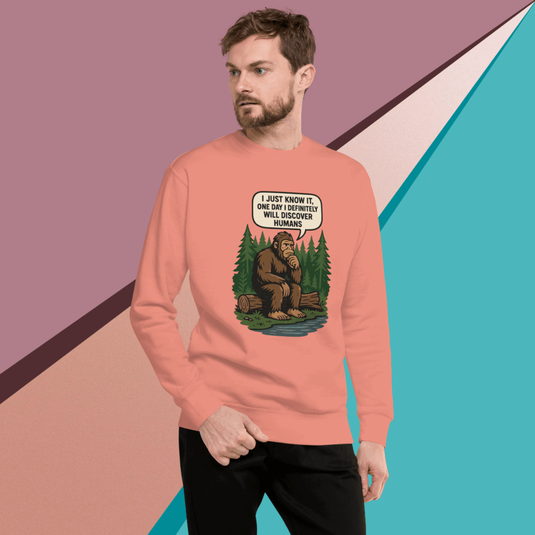 Man in a pink sweater with a bear and humorous text design.