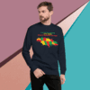 Man wearing a colorful map-themed sweatshirt against a geometric background.