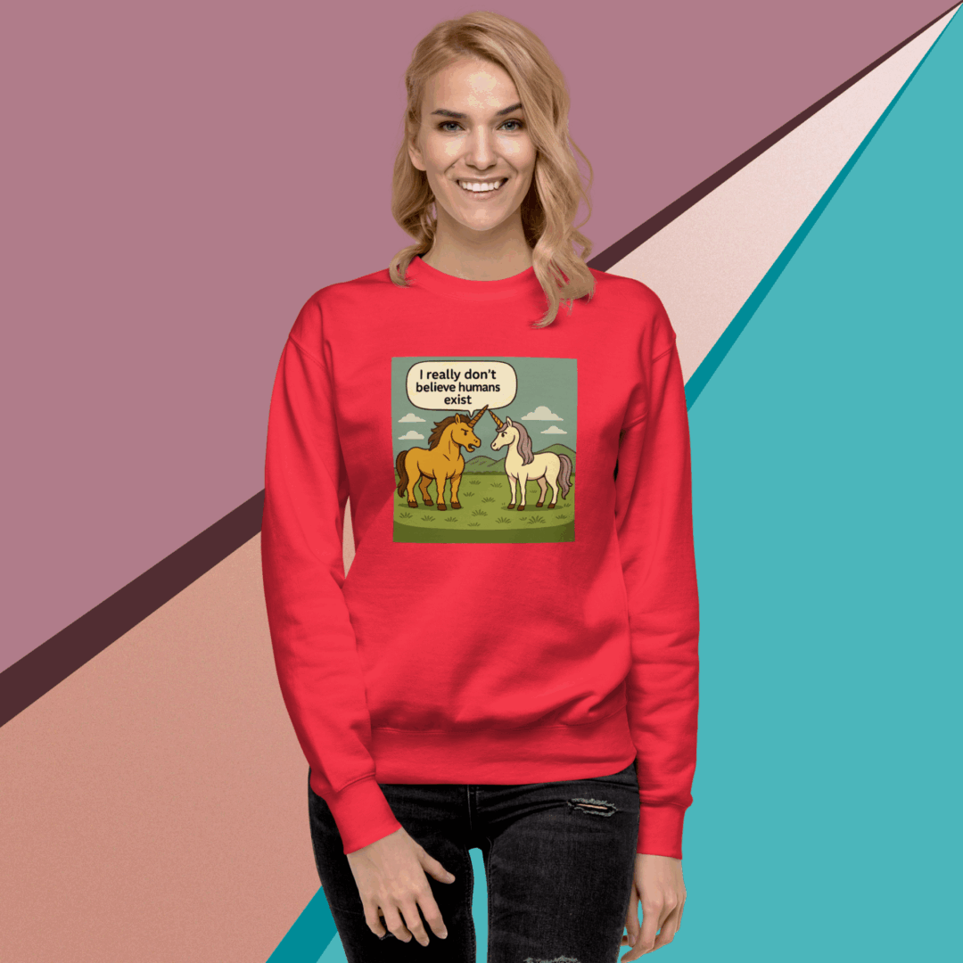 Woman wearing a red sweatshirt with a colorful graphic design.