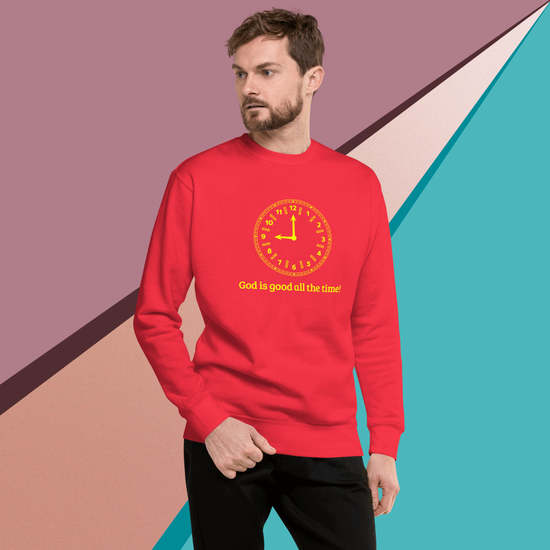 Man wearing a red sweatshirt with a yellow graphic design.