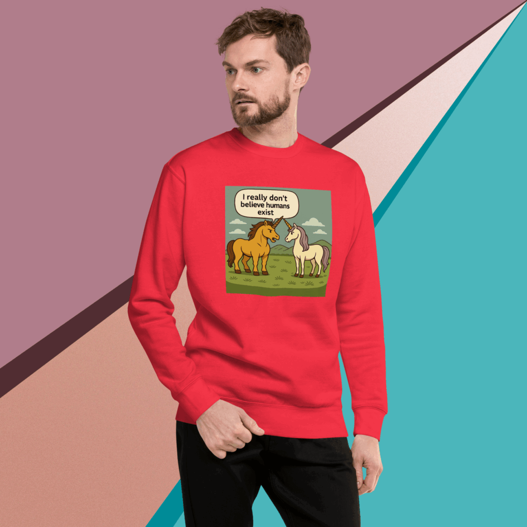 Man wearing a red sweatshirt with a humorous camel graphic.