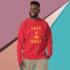 unisex-premium-sweatshirt-team-red-front-68f060dc5173a Smiling man wearing a red sweatshirt with yellow text.
