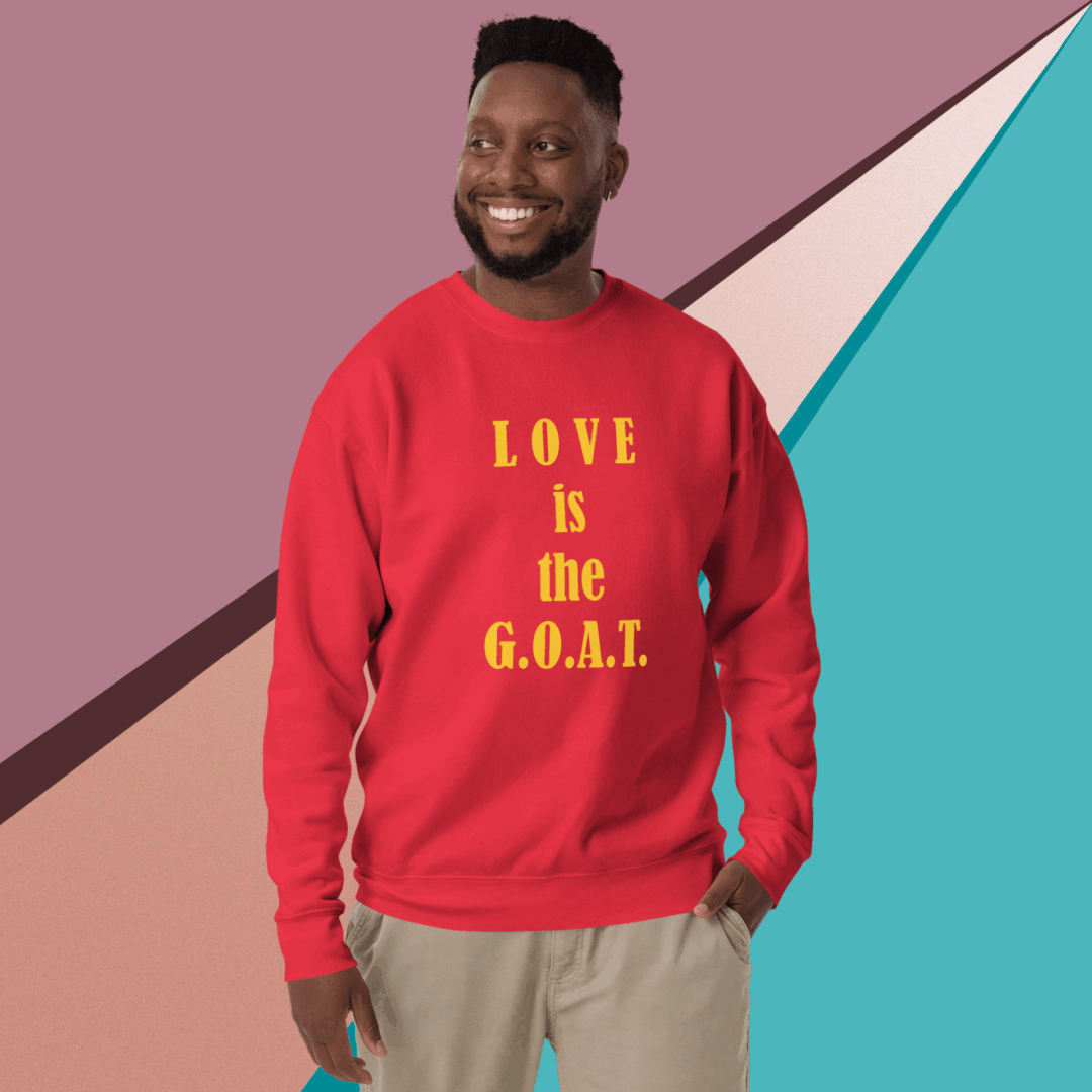 unisex-premium-sweatshirt-team-red-front-68f060dc5173a Smiling man wearing a red sweatshirt with yellow text.