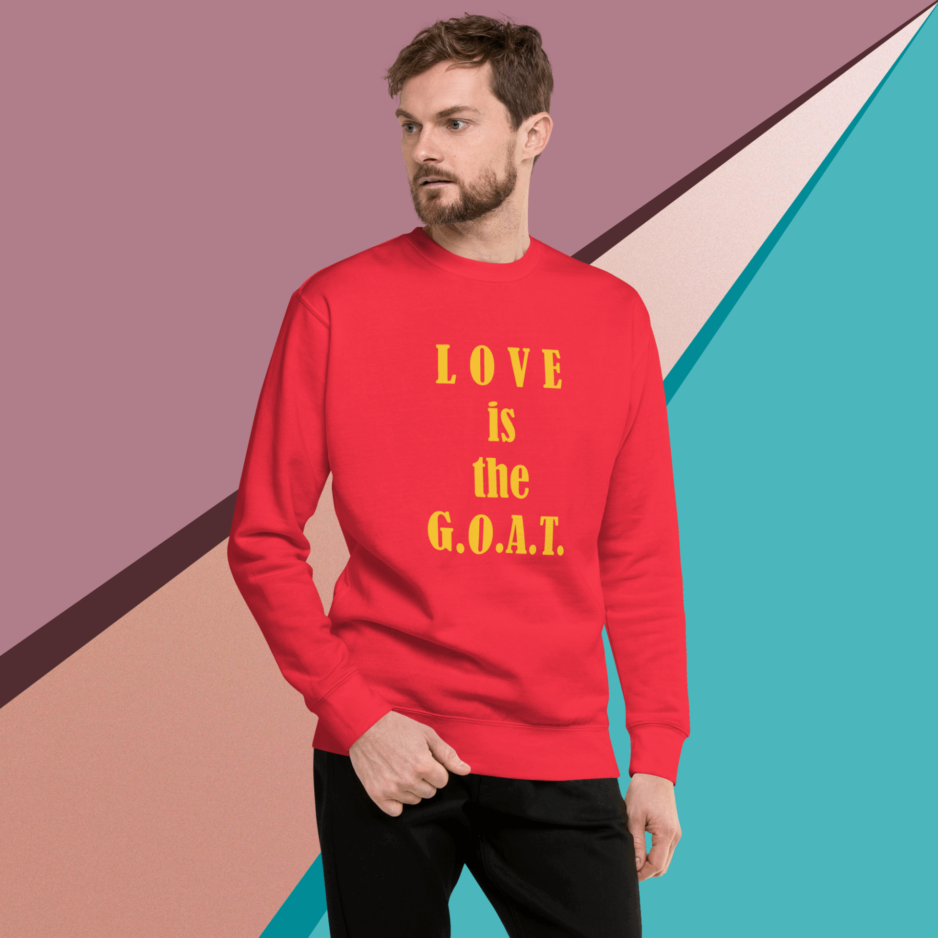 unisex-premium-sweatshirt-team-red-front-68f061352651f Man wearing a red sweatshirt with yellow text.