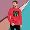Man wearing a red sweatshirt with a humorous alien design.